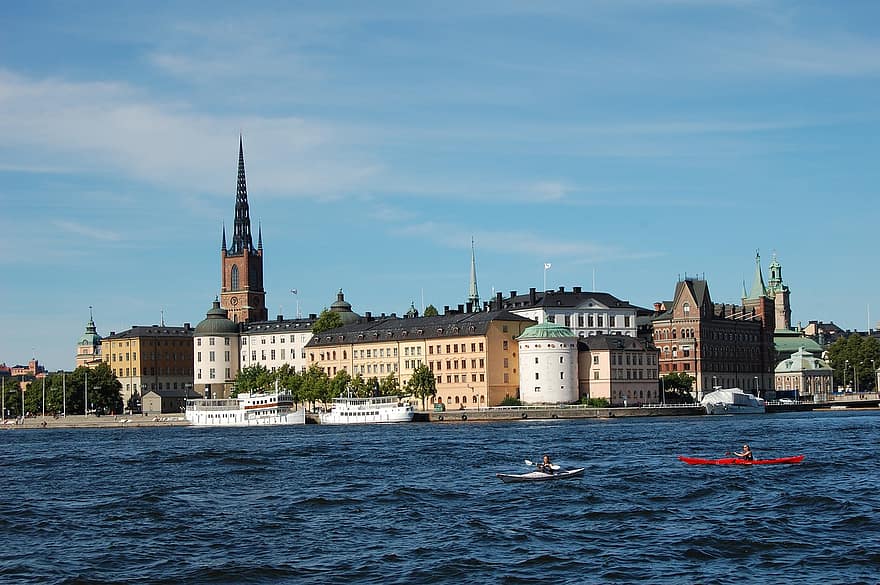 Stockholm, meer, kano's, roeien, boten, schip, haven, stad, stad-, gebouwen, oude gebouwen