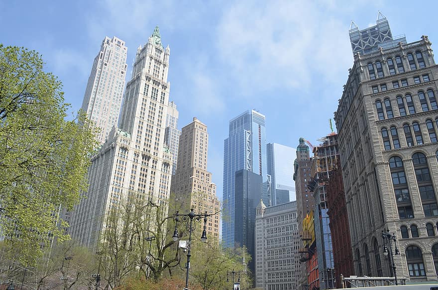 skyline, arranha-céu, prédios, arquitetura, América, Manhattan, Nova york, EUA, arvores
