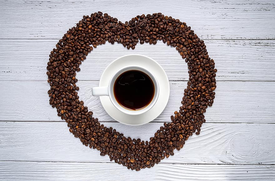 caffè, chicchi di caffè, distesa piatta, arrostito, cuore, fagioli, caffeina, aromatico, bere, bevanda, caffè espresso