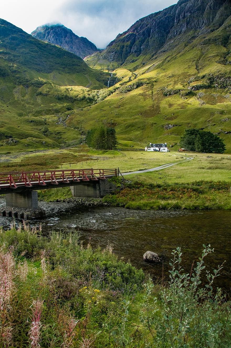 elv, bro, trær, bakker, høylandet, høylandet og øyene, Skottland, Glencoe, landskap
