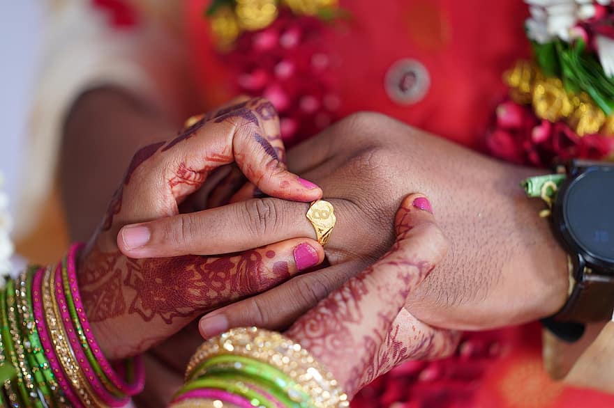 ring, par, indisk bryllup, ægteskab, engagement, traditionel, hænder, kultur