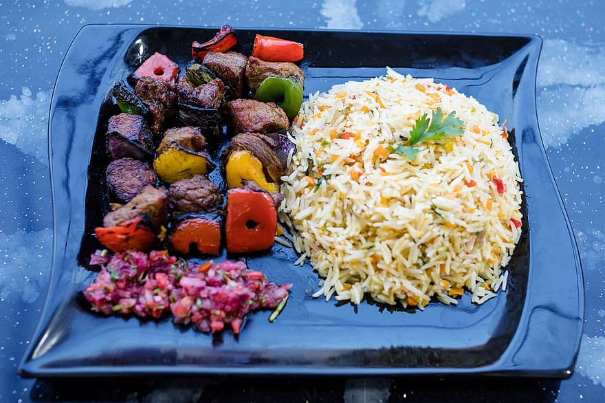 Ryż, Szaszłyk, afrykańskie jedzenie, posiłek, danie, Shish kebab, warzywa, Suja, Kabob z zachodnioafrykańskiej wołowiny, wołowina, mięso