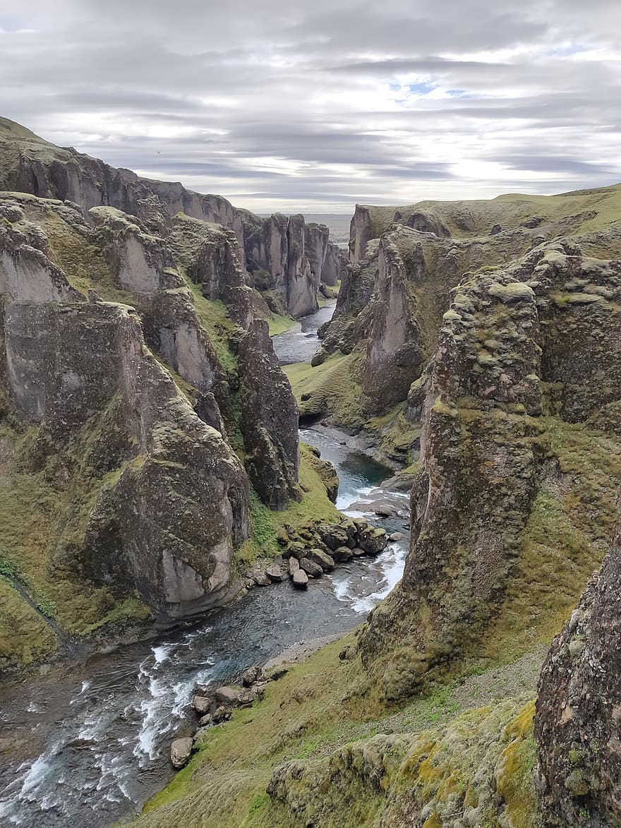 아이슬란드, 깊은 협곡, 물, 록, 자연, 옥외, 경치, 낭떠러지, 산, 잔디, 여름