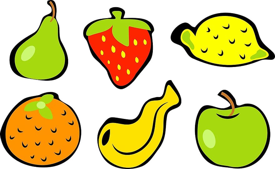 Comida, fruta, doce, conjunto, coleção, limão, laranja, morango, pera, maçã, banana