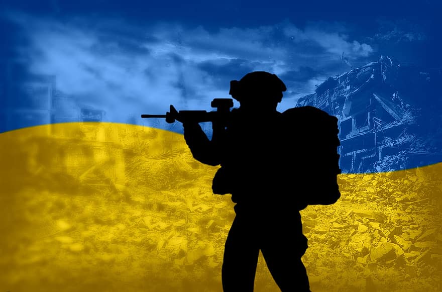 Oekraïne, oorlog, vlag, soldaat, ruïnes, conflict, strijd, mannen, silhouet, geweer-, wapen