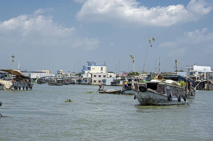 Vietnam, Mekong Fluss, Boote, Fluss, Himmel, Wasserfahrzeug, Wasser, Transport, Kulturen, Angeln, kommerzielles Dock