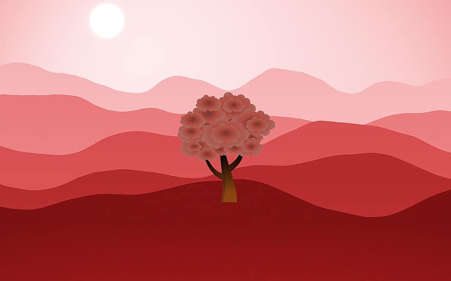 montanhas, vermelho, Dom, árvore, flores