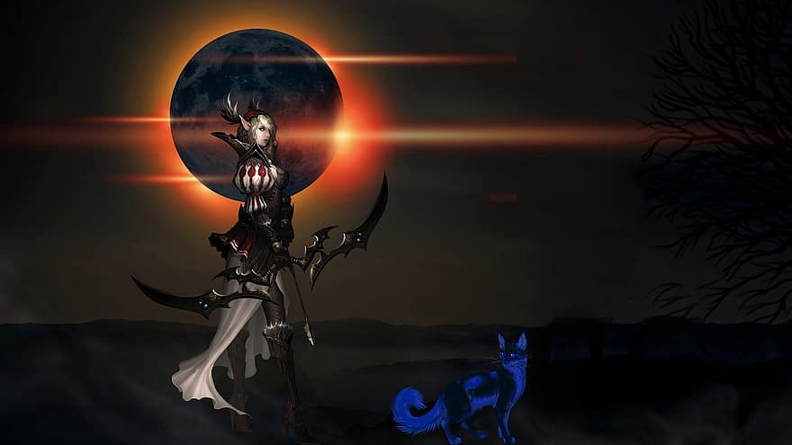 Background, Archer, Woman, Planet, Cat, Fantasy, Eclipse, Avatar, Bow And Arrow, Character, Female