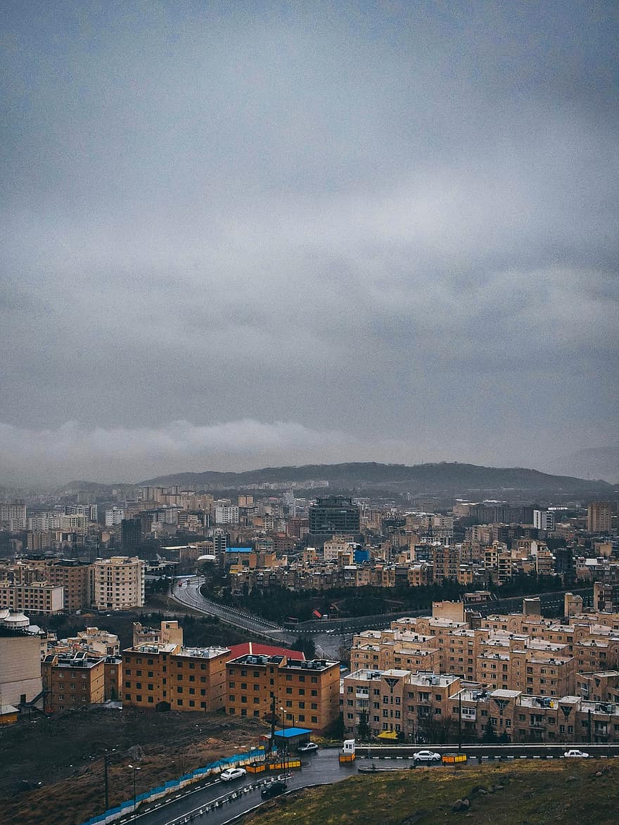 Teheran, Miasto, panorama, deszcz, deszczowy, pada deszcz, Budynki, śródmieście, miejski, widok, niebo