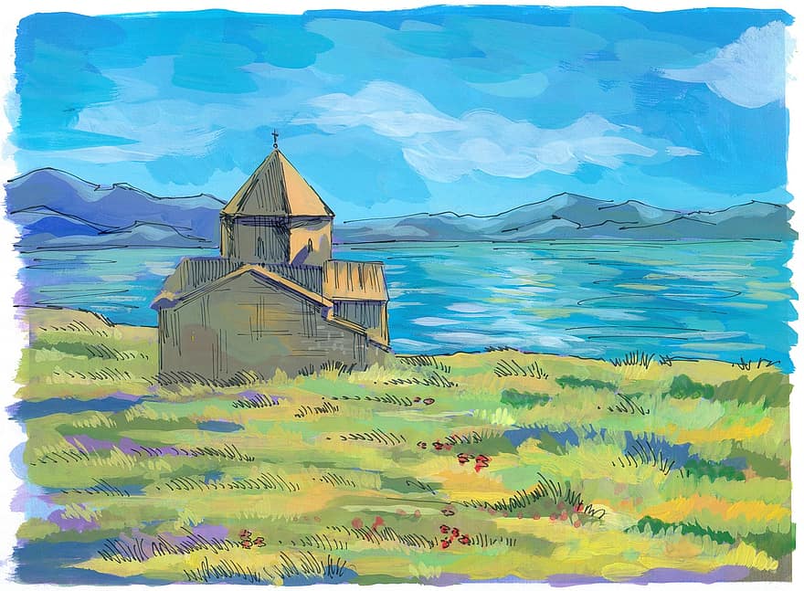 armenija, ežero Sevan, bažnyčia, Armėnijos apaštalų bažnyčia, ežeras, kraštovaizdį