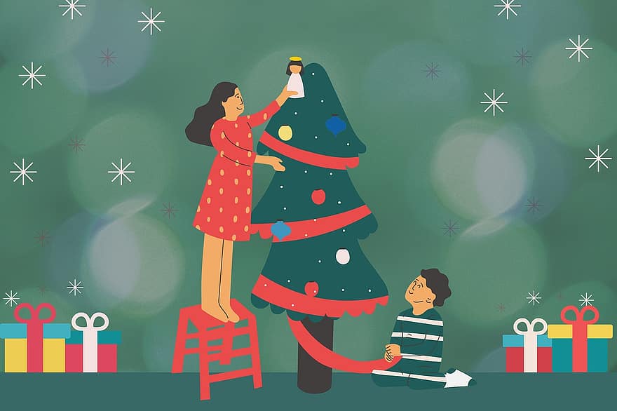 شجرة عيد الميلاد ، هدايا ، رقاقات الثلج ، عيد الميلاد ، خلفية عيد الميلاد ، بطاقة بريدية لعيد الميلاد ، بطاقة تحية ، الأوسمة ، الأطفال