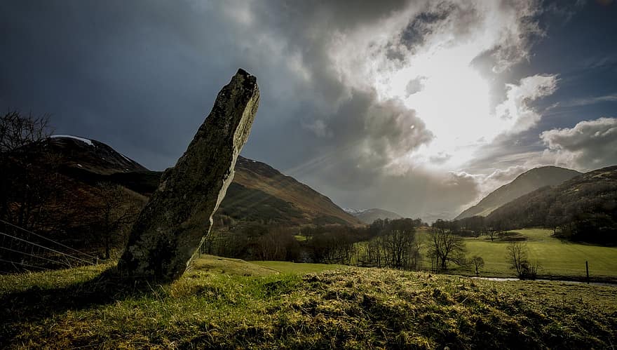 természet, álló kő, Skócia, szurdok, hegyek, napfény, neolit, őskori, ősi, utazás, hegy