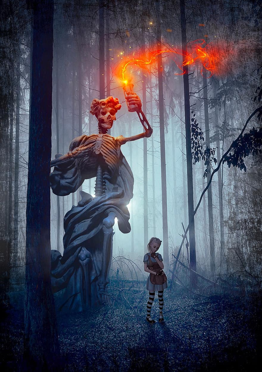okładka książki, Fantazja, szkielet, las, dziewczynka, ogień, drzewa, ponury, światło, tajemniczy, mistyczny
