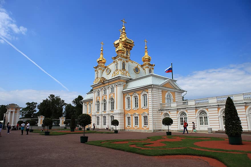 Tserkovnyy Korpus Bol'shogo Dvortsa, peterhof büyük sarayı, bina, kale, mimari, altın takılar, tarihi, Peterhof, St Peterburg, Rusya, Kent