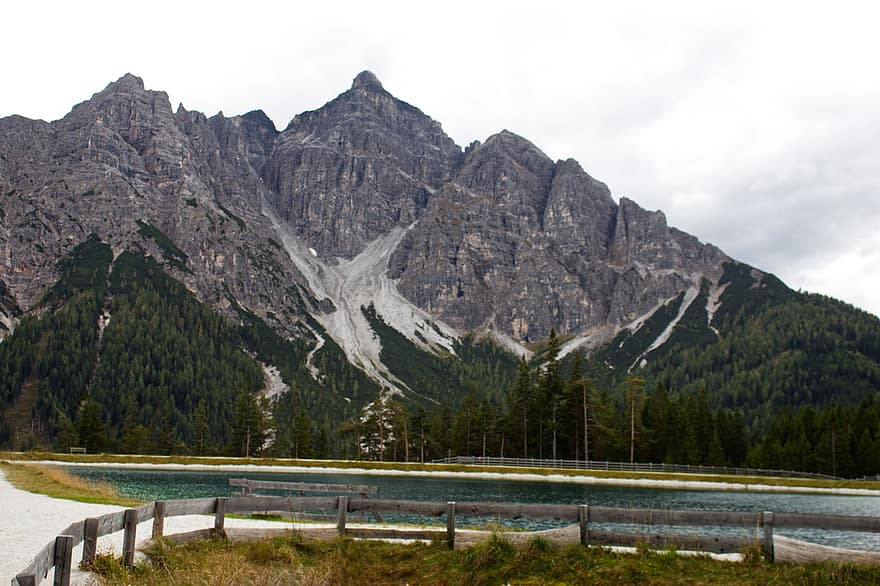 lago, montanhas, Alpes, Áustria, Tirol, natureza, montanha, panorama, floresta, grama, cadeia de montanhas