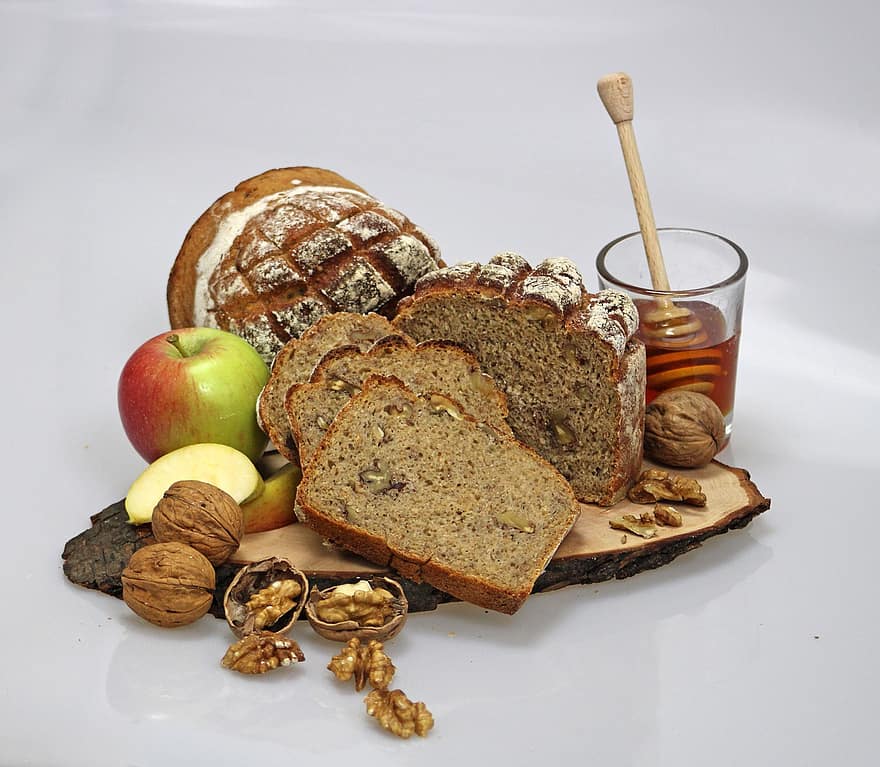 Brot, Nussbaum, Lebensmittel, Walnussbrot, Apfel, Honig, Snack, köstlich, Frühstück, hausgemacht, Bäckerei