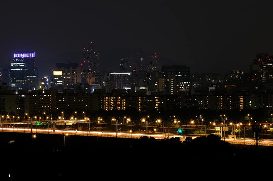 нічний вид, ввечері, річка, небо, краєвид, ніч, річка Хан, Сеул, корея, будівлі, архітектура