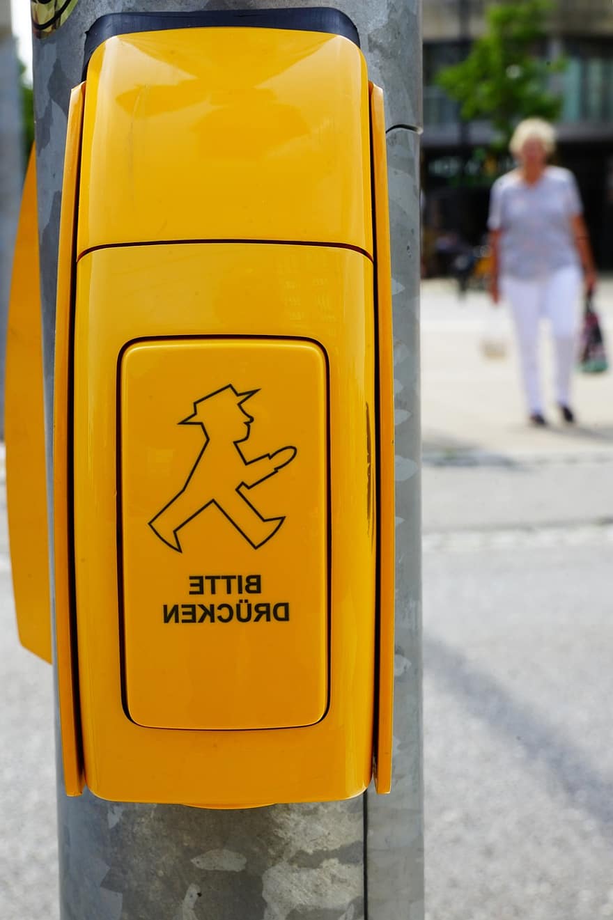 Botão de Pedestre, cruzando, semáforo, pressione, botão, tráfego, homem de semáforo, esperar, amarelo, transporte, placa