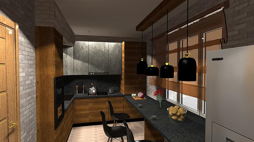 keuken-, interieur, zolder, ontwerp, meubilair, 3d, modern, weergave