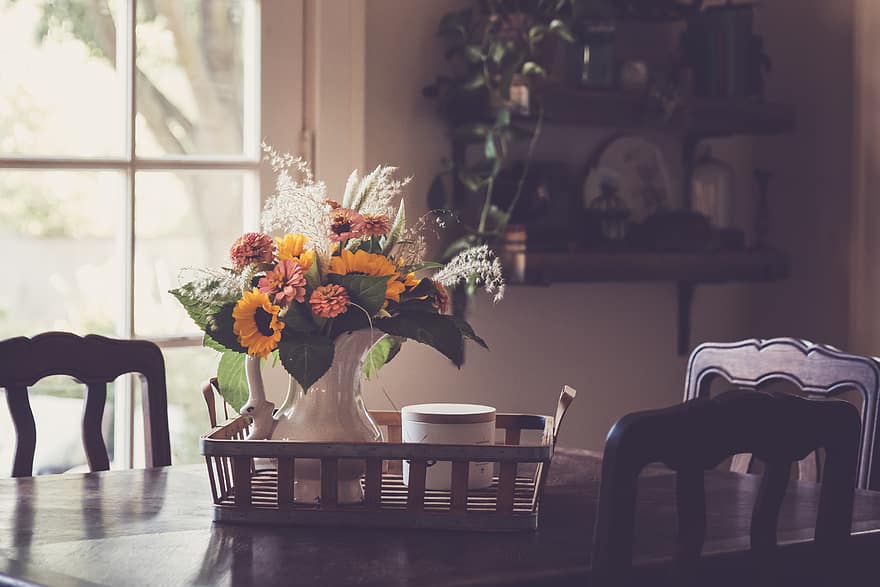 blomst, bukett, bord, hjem, interiør, spise~~POS=TRUNC, rom, floral, dekorasjon, vase, skjønnhet
