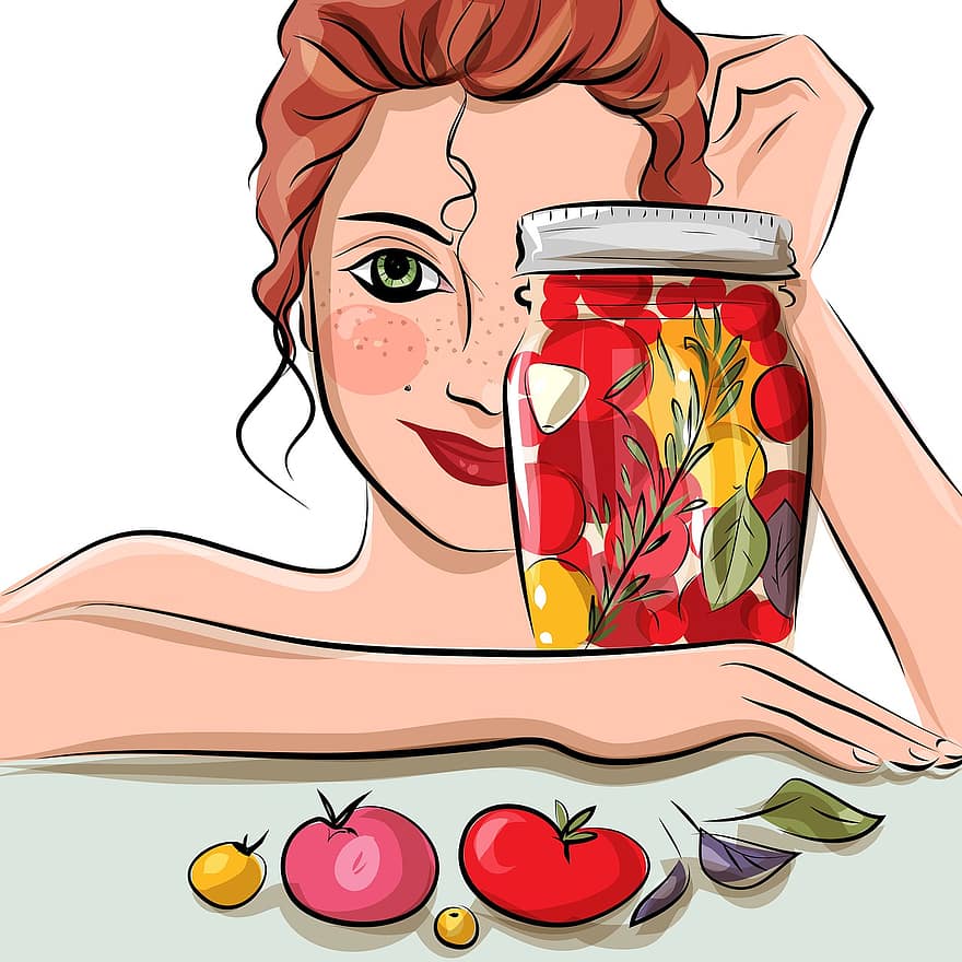 mujer, los tomates, comida, retrato, en escabeche, digital, obra de arte, dibujo, cocina, vegetales, sano