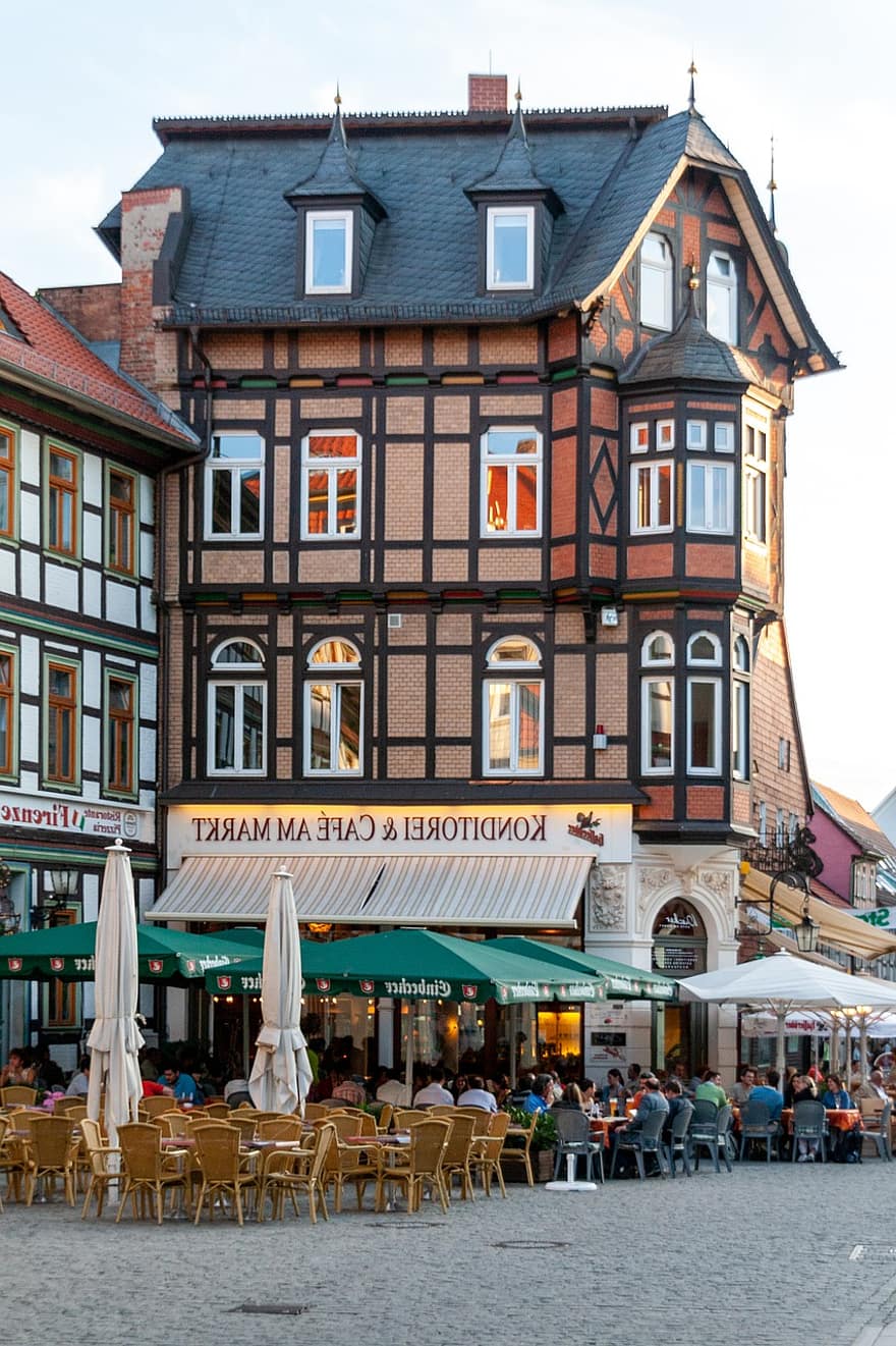 kahvila, torilla, Wernigerode, katu, rakennukset, kaupunki, ravintola, ulkona, vanha kaupunki, Saksi-Anhalt, Saksa