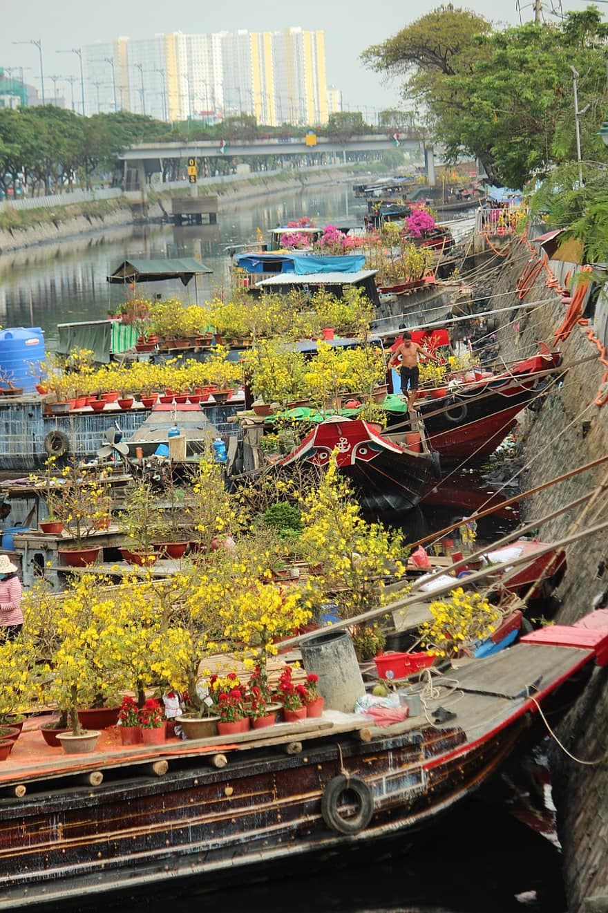 лодки, цветы, река, бизнес, Сайгон