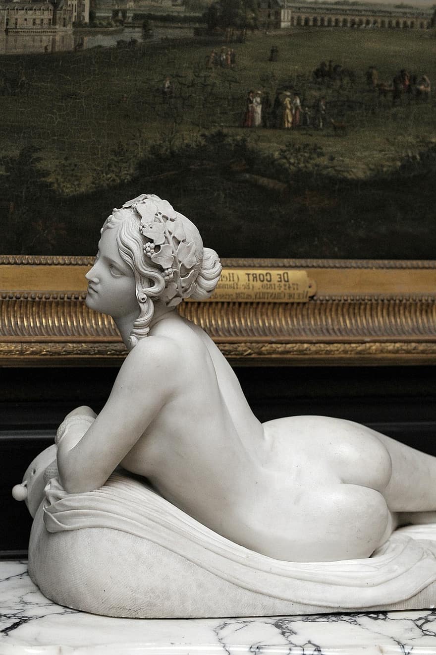 szobor, tól től, nő, Chantilly, Franciaország, kastély, üveggolyó