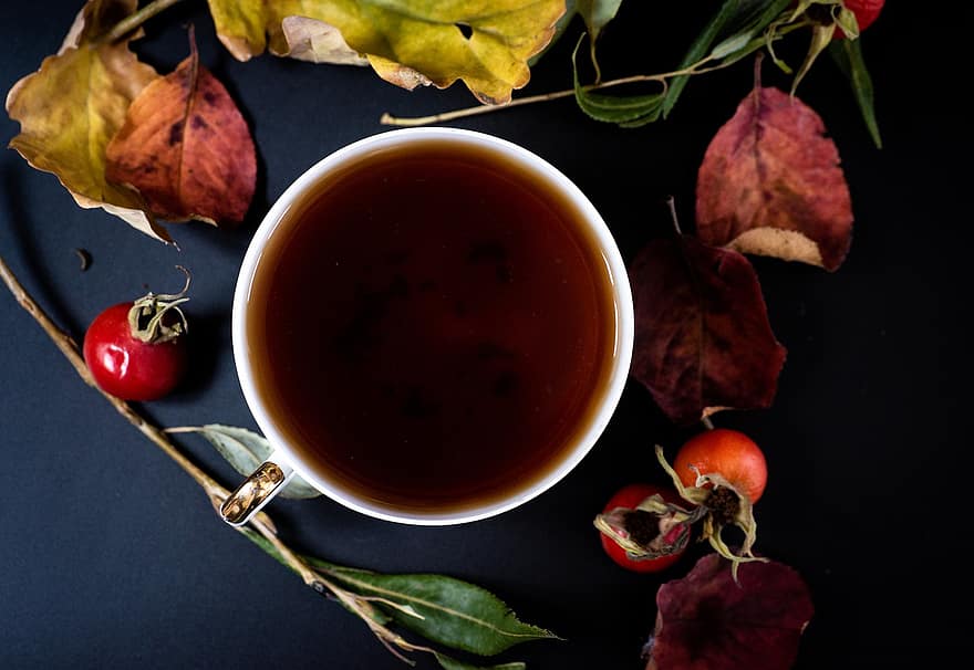 お茶、カップ、葉、茶碗、ドリンク、飲み物、乾燥した葉、くつろぎ、秋、閉じる、リラックス