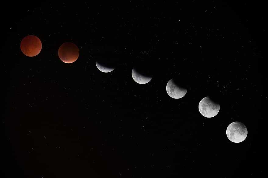 Lunar Eclipse, Blood Moon, Cycle, Moon, Lunar, Night, Red, Astronomy, Full, Sky, Orange