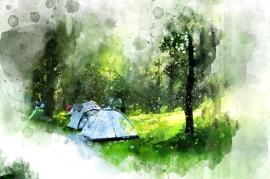 grön, tält, camping, utomhus-, resa, läger, äventyr, natur, sommar, fritid, skog