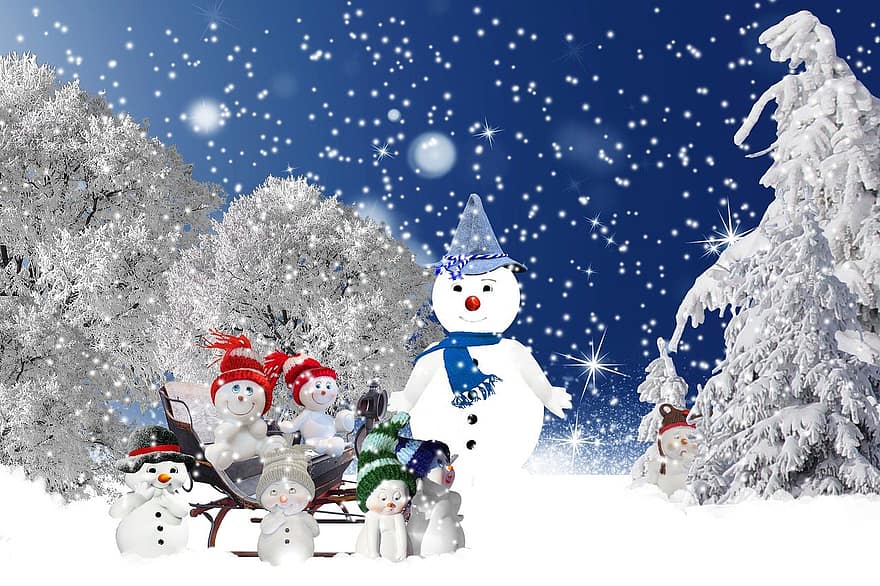 Снеговик, семья, зима, снег, мороз, санки, деревья, родитель, дети, отец, лес