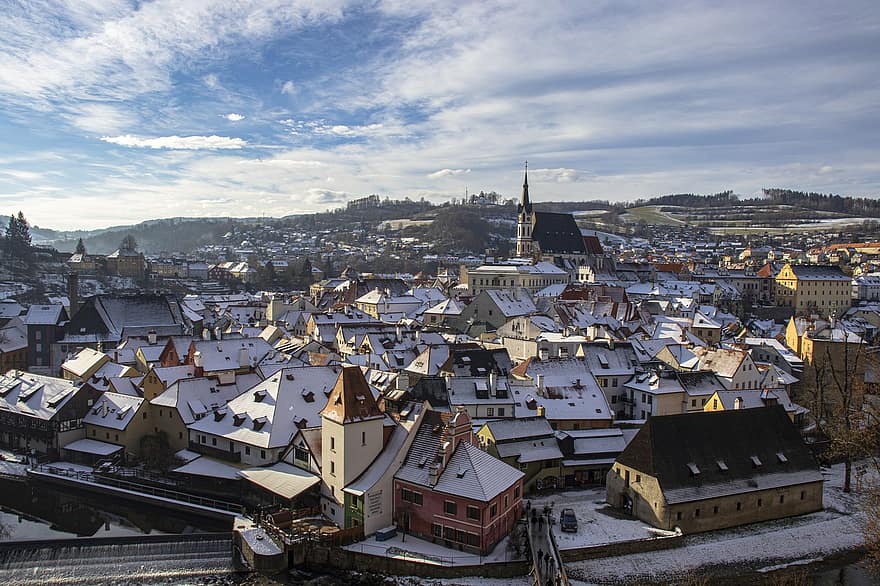 český krumlov, ciutat, neu, edificis, hivern, fred, urbà, panorama, República Txeca, europa, arquitectura