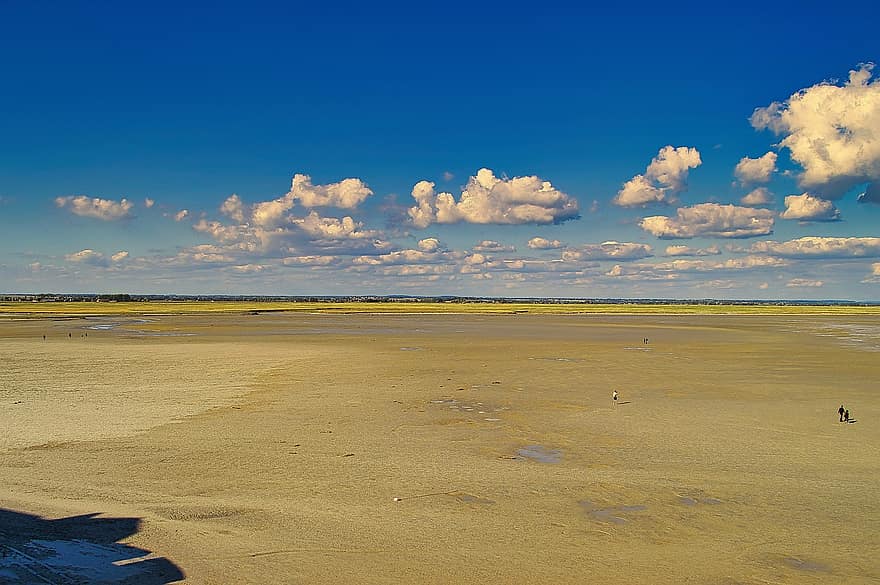 öböl, homok, mont saint michel, tájékozódási pont, apátság, Világörökség, sziget, tájkép, ég, felhők, Normandia