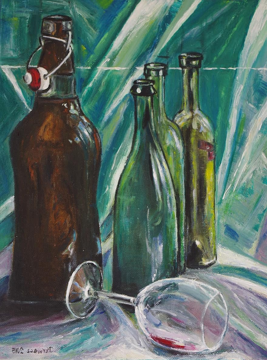 Obraz malowany, brezentowy, butelka, Szklanka