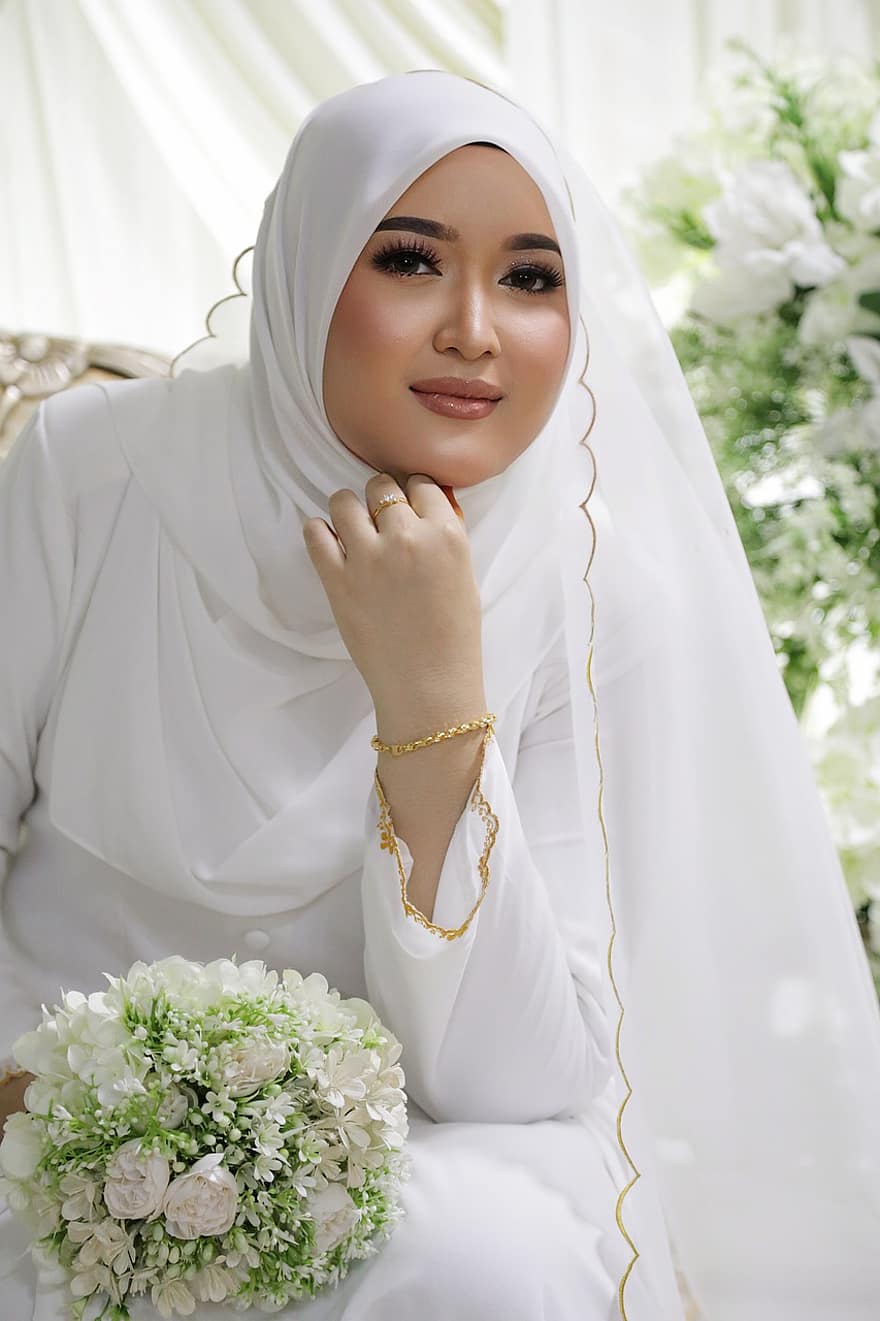 huwelijk, bruid, vrouw, portret, hijab, Moslim bruid, volwassen, religieuze sluier, schoonheid, een persoon, glimlachen