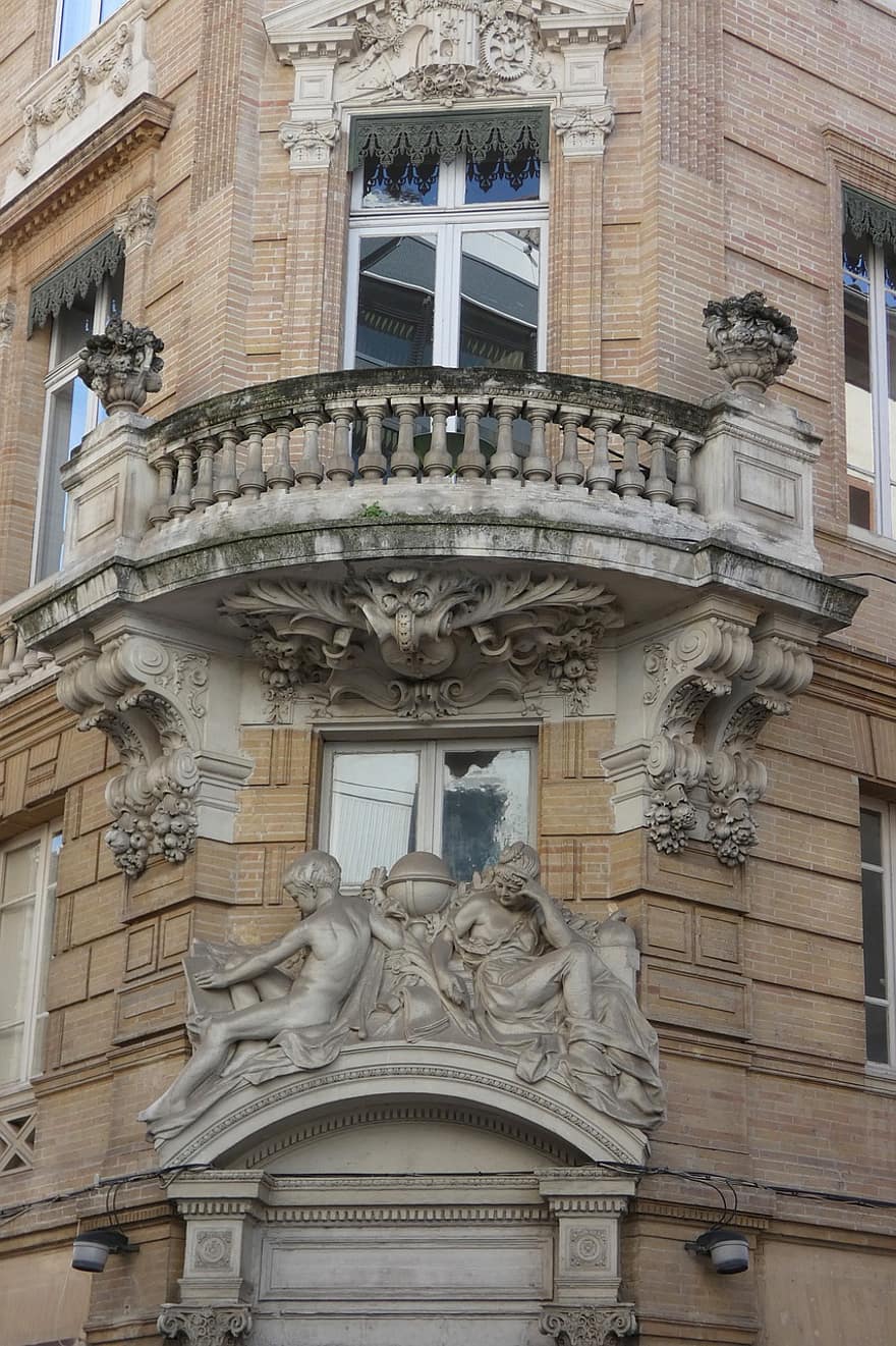 architektura, balkon, statua, fasada, cegły, stary, historyczny, Occitania, na zewnątrz budynku, znane miejsce, chrześcijaństwo