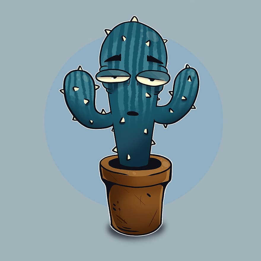 cactus, flors, personatge, fatiga, estrès, tristesa, depressió, dibuix, olla, dibuixos animats, planta