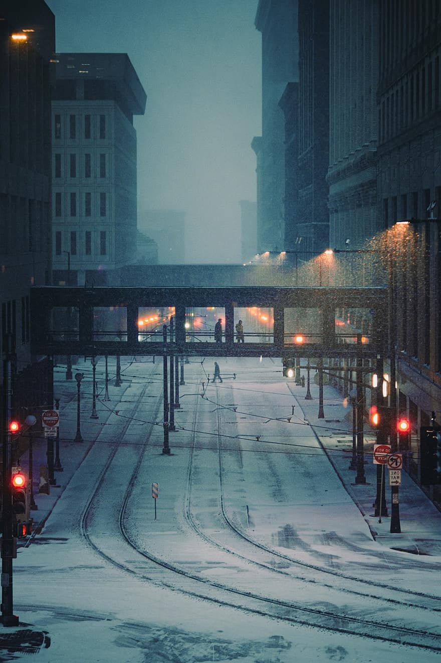 đường sắt, tuyết, thành phố, mùa đông, tuyết rơi, đường, đêm, tối, cuộc sống về đêm, đô thị, thành thị