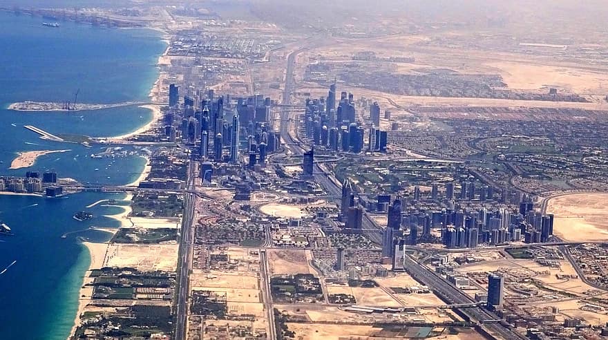 Dubajus, dangoraižiai, miestas, saloje, jūros, architektūra, miesto, pastatai, miesto vaizdą