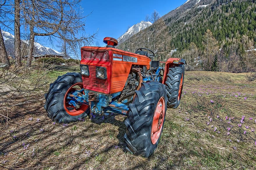 Tractor, Vehicle, Agricultural Machinery, Red, Facility, Work, Mountain