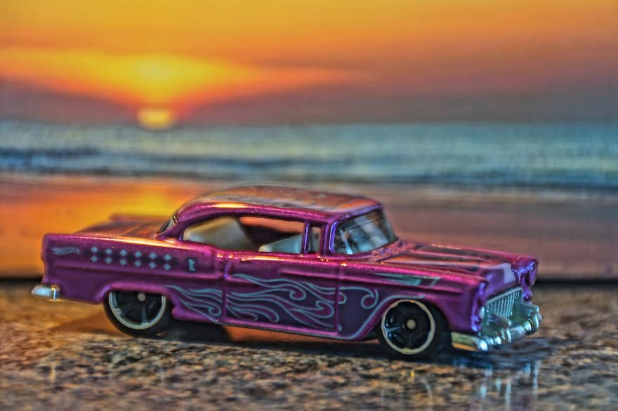 Cadillac, joguina, rodes, temporitzador antic, clàssic, vintage, posta de sol, platja, mar, oceà