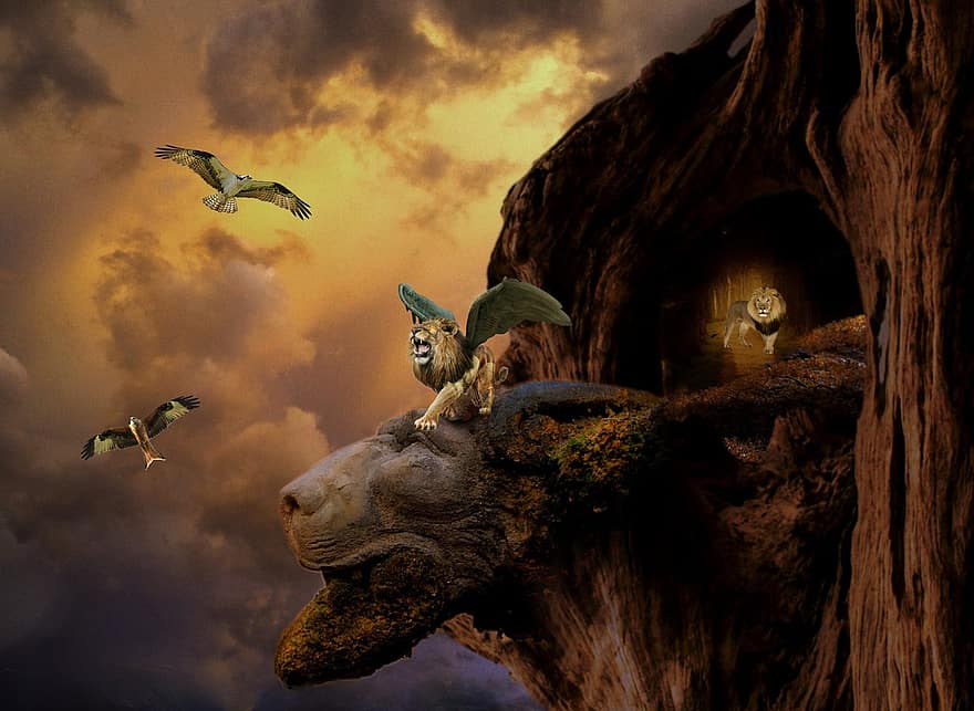 Background, Mountains, Lions, Birds, Clouds, illustration, tree, night, flying, animals in the wild, fantasy