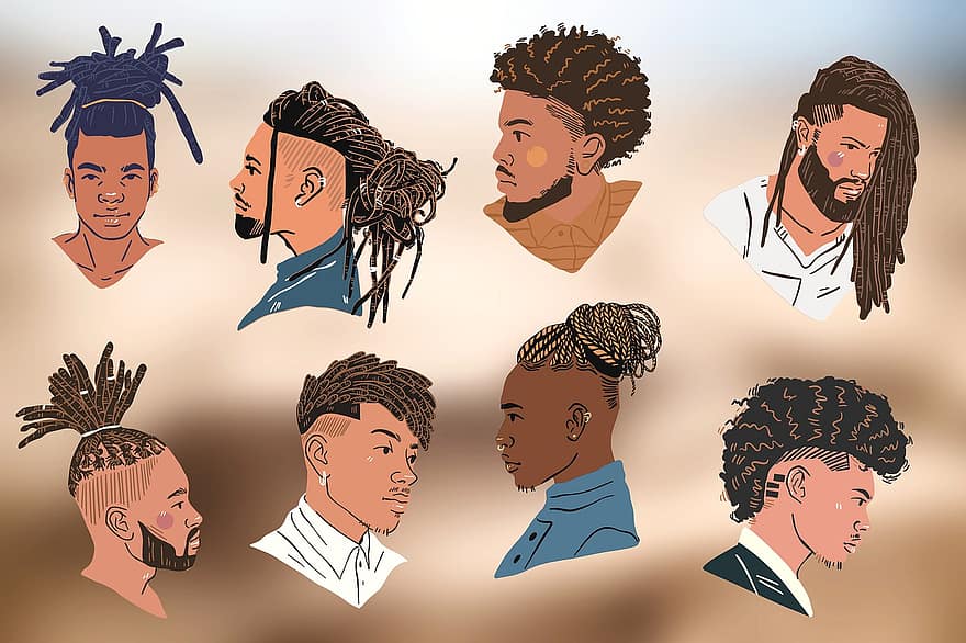 férfiak, fiúk, frizura, néz, stílus, divat, vektor, ábra, emberi arc, afrikai népesség, rajzfilm