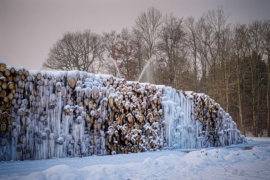 Wood Pile, Trees, Winter, Snow, Frost, Frozen, Ice, Cold, Snowfall, Wintry, Moisturize