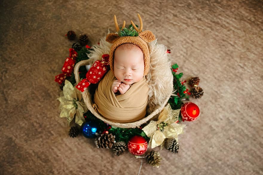 bebé, infantil, sesión de fotos de navidad, bebé durmiendo, retrato, linda, niño, pequeña, infancia, celebracion, decoración