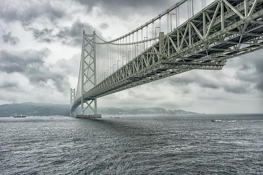 paisatge, pluja, núvol, el pont akashi-kaikyo, Pont en suspensió, L’enorme edifici, seto mar interior, prefectura de Hyogo