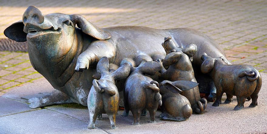 सूअरों, मूर्ति, धातु, सूअर के बच्चे, प्रतिमा, कला, कलाकृति, कला स्थापना
