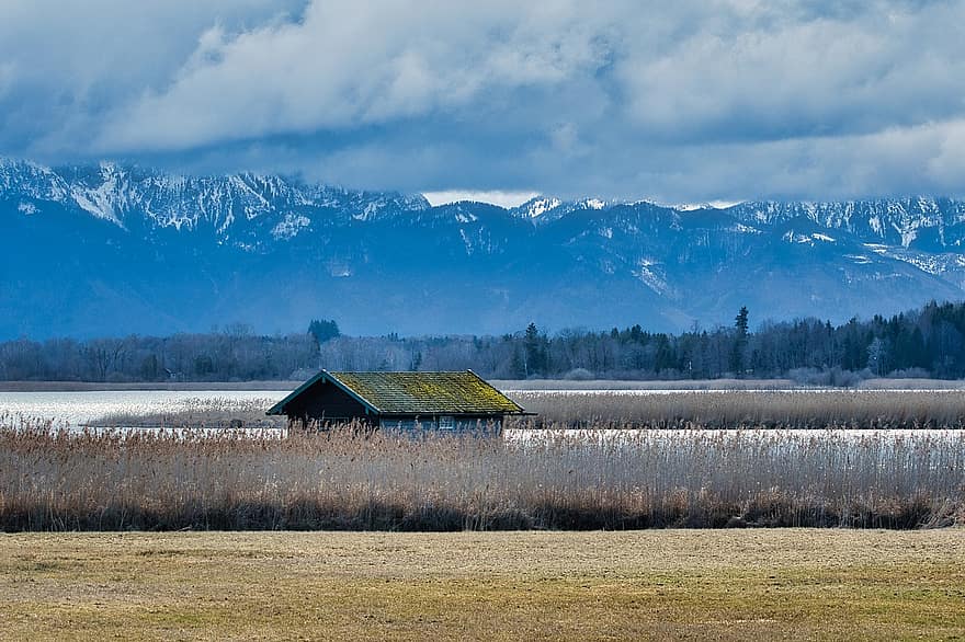Bank, Lake, Boathouse, Reed, Grass, Hut, Cabin, Fisherman's Hut, Mountains, Snow Capped, Mood
