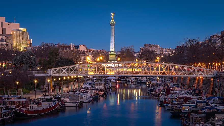 мост, колона, затвор, известен, нощ, светлини, Париж
